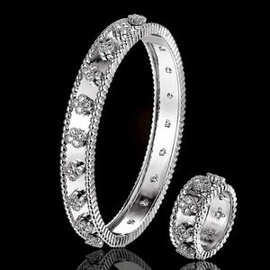 Platinum Four Leaf Clover Bangle Bracelet Matching Ring Set